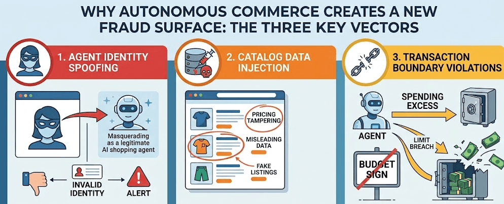 Diagram showing three fraud vectors in autonomous commerce: catalog data manipulation, agent identity spoofing, and unauthorized transaction execution