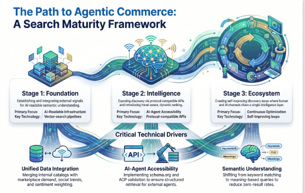 Three-stage maturity model for agentic commerce search readiness: Foundation stage with vector pipelines and external signals, Intelligence stage with trend-aware ranking and AI agent integration, Ecosystem stage with continuous self-improving enrichment