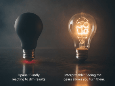 Visual representation of opaque vs interpretable AI models